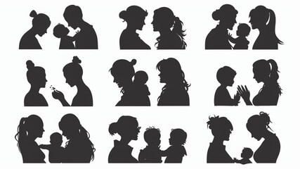 Canvas Print - mom and baby, mom and daughter, mom and son set silhouette on white background vector 3D avatars set