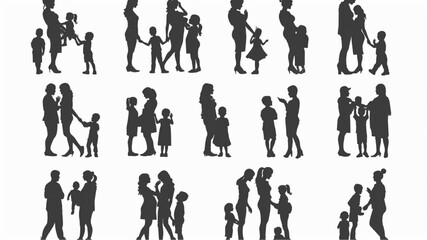Sticker - 
mom and baby, mom and daughter, mom and son set silhouette on white background vector 3D avatars set vector icon, white background, black colour icon