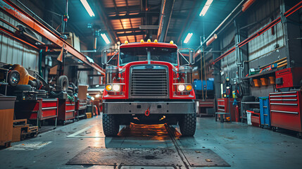 A large red industrial truck centrally parked in a well-equipped workshop, illuminated by overhead lights.