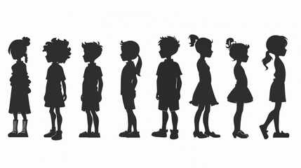 Sticker - set of silhouettes children boys and girls, collection isolated vector 3D avatars set vector icon, white background, black colour icon