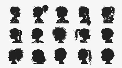 Canvas Print - set of silhouettes children boys and girls, collection isolated vector 3D avatars set vector icon, white background, black colour icon
