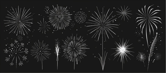 Wall Mural - 
Set of simple hand drawn light rays, fireworks and firework elements doodle vector illustration set on white background. 