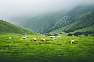 Wall Mural - a herd of white cows on a wide green pasture 