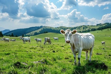 Wall Mural - a herd of white cows on a wide green pasture 