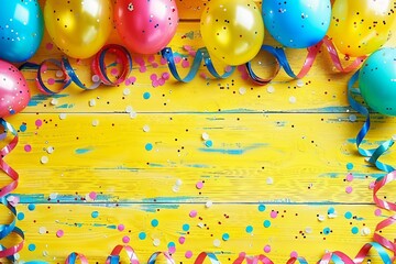 Bright colorful carnival or party frame of balloons, streamers and confetti on a rustic yellow wood table with central copy space for your greeting , invitation or advertising. generative ai.
