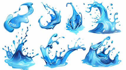 Wall Mural - Water splash. Cartoon blue water drops, puddle, spray and waves. Nature object spatters, sputter, splashdown. Clean aqua motion concept 3D avatars set vector icon,