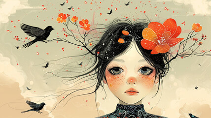 Wall Mural - illustration of girl with flower on her head and birds.