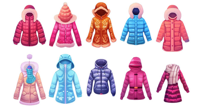 Warm winter clothes icons set isolated. Cute winter wear illustrations, apparel
