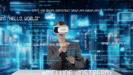IT developer analyzing intelligent website development coder system running data by VR glasses screen innovation interface digital infographic network technology visual hologram server. Contraption.
