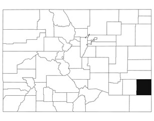  Map of prowers County in Colorado state on white background. single County map highlighted by black colour on Colorado map. UNITED STATES, US