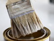 Paint brush and wood stain in can