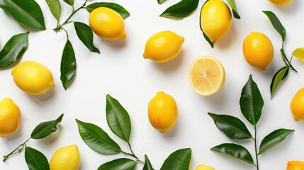 Sticker - Lemons with green leaves isolated against a white background