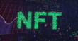 Green letters spelling NFT glow against backdrop of stock market graphs