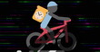 Helmeted cyclist with clock, against vivid digital lines