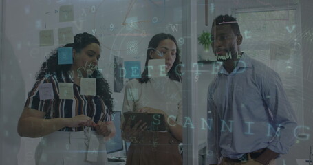 Poster - Diverse group of coworkers discussing over notes on glass