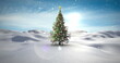 A decorated Christmas tree stands alone in snowy landscape