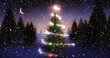 Christmas tree with decorations towers among snowy pines under a star-filled sky