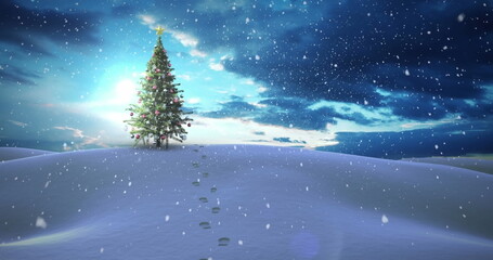 Poster - Footprints lead to decorated Christmas tree on a snowy hill under a starry sky