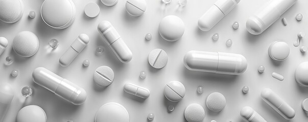 Pharmaceutical advancements flat design top view drug innovation theme 3D render black and white