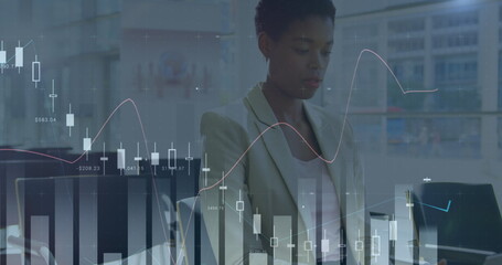 Wall Mural - African American colleague examining financial charts on computer screen