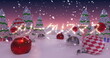 Snow falling gently on colorful Christmas decorations and wrapped gifts