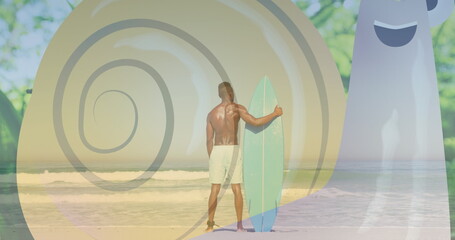 Wall Mural - African American male holding surfboard on beach