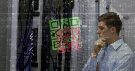 Sticker - Image of qr code over data processing and caucasian man checking servers