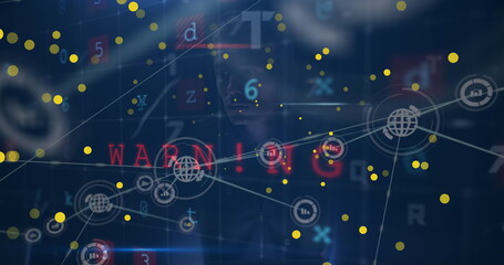Wall Mural - image of yellow dots, connections with icons and virus scanning on navy background