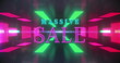Image of massive sale over digital space with neon lights and shapes