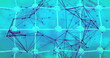 Image of connected dots forming geometric shapes, dna helixes, net pattern on blue background
