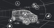 Image of 3d car with multiple icons and programming language moving on black background