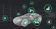 Image of multiple digital icons over 3d car model moving in seamless pattern on black background