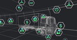 Image of multiple digital icons over 3d truck model in seamless pattern on black background