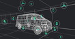 Image of multiple digital icons over 3d van model moving in seamless pattern on black background