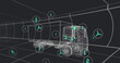 Image of multiple digital icons over 3d truck model in seamless pattern on black background