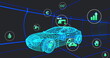 Image of digital icons over 3d car model moving in seamless pattern against black background