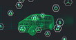 Image of multiple digital icons over 3d van model moving in seamless pattern on black background