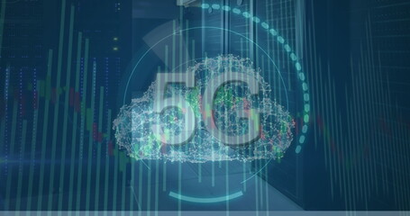 Poster - Image of 5g text in circles and connected dots forming cloud over lines