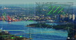 Image of interface with data processing against aerial view of sea and cityscape