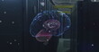 Image of white spots and human brain icon spinning against computer server room