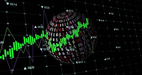Wall Mural - an image of data processing over a globe with binary coding on a black background