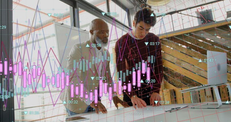 Sticker - Image of graphs, changing numbers over diverse coworkers discussing blueprint in office