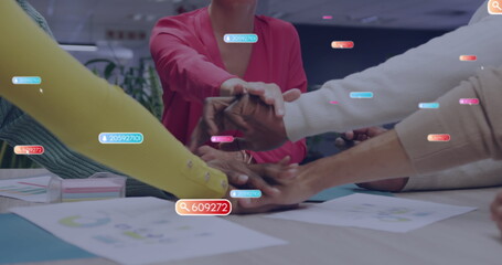 Sticker - Image of notification bars, midsection of diverse coworker discussing and putting hands together