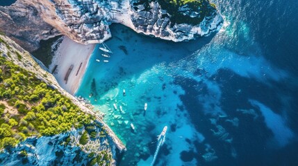 Zakynthos, Greece. Famous Navagio Beach, overhead landscape of Ionian Sea