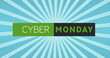 Image of cyber monday text in rectangle with sunburst against blue background