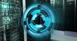 Image of neon blue round scanner spinning against computer server room