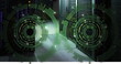 Image of two green round scanners spinning against computer server room