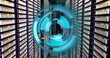 Image of neon blue round scanner spinning against computer server room