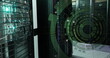 Image of green round scanner spinning against computer server room