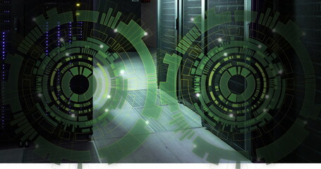 Sticker - Image of two green round scanners spinning against computer server room